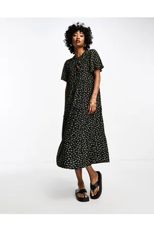 Whistles Vestito grembiule midi nero con tasche e stampa di gemme
