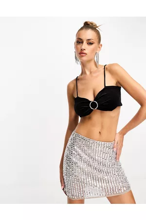 QED London Brassière nera con spalline sottili e fibbia con strass in coordinato
