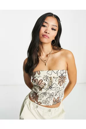 Bailey Rose Crop top marrone a fiori rétro senza spalline