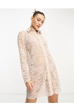 Flounce London Vestito camicia corto in pizzo con fondo smerlato color tortora