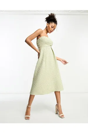 ASOS Vestito skater midi salvia a fascia testurizzato con cut-out sul retro e laccetti laterali