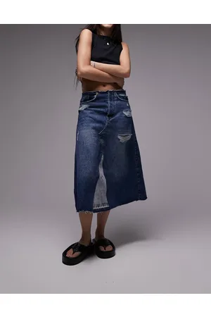 Topshop Gonna midi svasata in denim medio con girovita grezzo e strappi