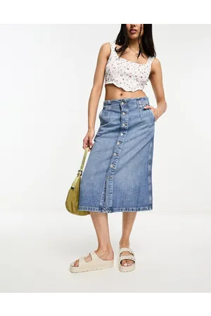 Ralph Lauren Gonna midi in denim lavaggio chiaro svasata con bottoni sul davanti