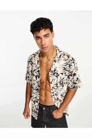 River Island Camicia stropicciata con stampa di palme nera