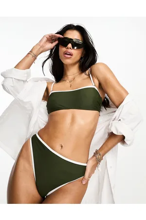 South Beach Top bikini kaki con spalline a contrasto