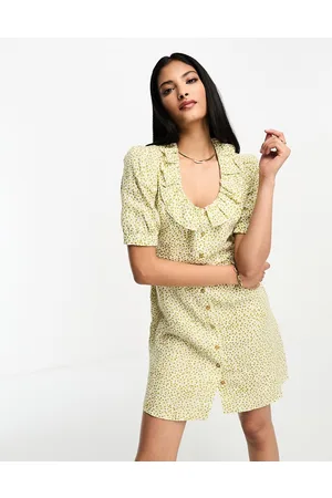 Whistles Vestito in lino giallo con volant e stampa a fiori