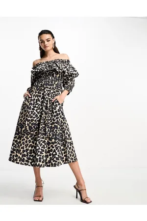 Whistles Vestito midi con scollo Bardot e stampa leopardata