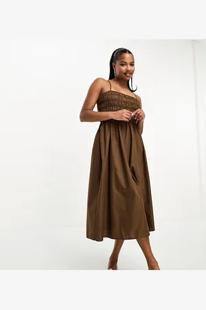 Lola May Vestito midi in popeline di cotone marrone cioccolato arricciato con incrocio sul retro