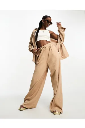 ASOS Pantaloni a fondo ampio color pietra stropicciati e arricciati in vita in coordinato