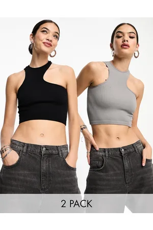 Bershka Confezione da 2 top con scollo a vogatore asimmetrico e nero a coste