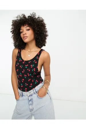 ASOS Body con giromanica ampio e scollo rotondo sul retro con stampa di ciliegie