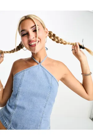 Noisy May Crop top in denim allacciato al collo