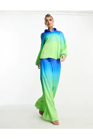 Flounce London Pantaloni in raso blu e verde sfumato a fondo ampio in coordinato