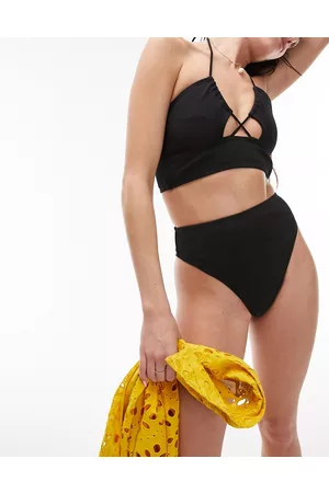 Topshop Slip bikini a vita alta neri sgambati a coste