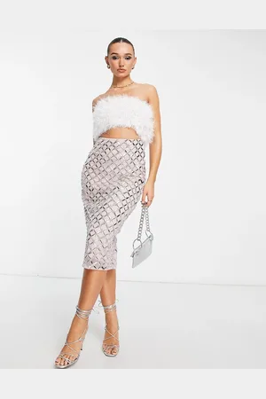 ASOS Vestito midi a due pezzi decorato con piume sintetiche e paillettes color cipria