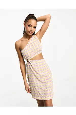 Pieces® Esclusiva - Vestito corto monospalla con cut-out lilla e giallo con stampa rétro a fiori