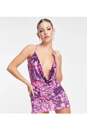 AsYou Vestito corto con scollo ad anello, vita scesa e fibbie con strass con stampa di farfalle