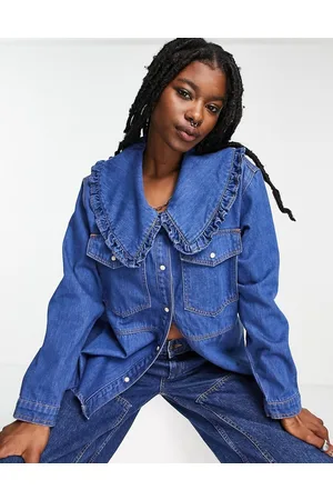 Signature Camicia in denim oversize lavaggio medio con colletto e volant