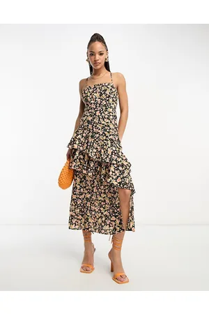 New Look Vestito midi nero a fiori con volant