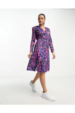 REBELLIOUS FASHION Vestito midi a portafoglio sul davanti viola rosa e blu a fiori