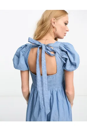 ASOS Vestito midi in denim morbido con maniche a sbuffo lavaggio chiaro