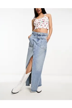 Miss Selfridge Gonna lunga in denim lavaggio chiaro con tasche