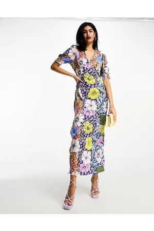 VILA Vestito da giorno midi con scollo a V e spacco laterale a fiori misti