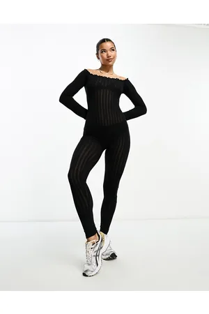 ASOS Tuta aderente in maglia traforata nera con scollo Bardot