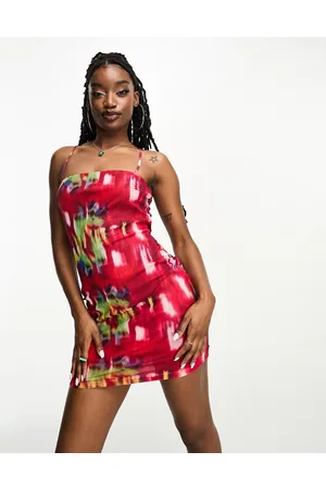 NaaNaa Vestito a fascia con spalline sottili e laccetti sul retro rosso con stampa astratta
