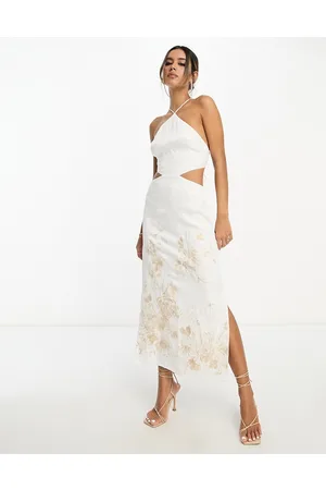 ASOS Vestito midi in raso avorio allacciato al collo con ricamo floreale e cut-out sul retro
