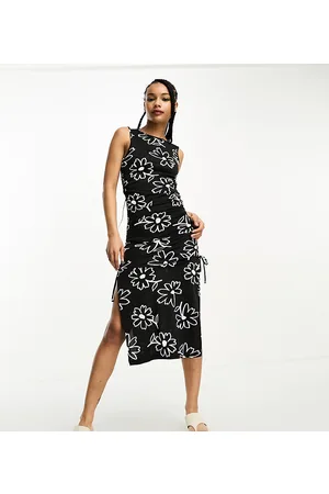 JDY Esclusiva - Vestito midi con apertura a goccia e spacco laterale a fiori bianchi