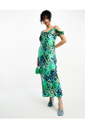 River Island Vestito midi in raso verde con stampa animalier con scollo ad anello e maniche drappeggiate