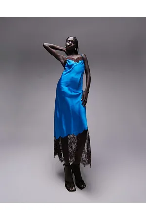 Topshop Vestito sottoveste midi color cioccolato con pizzo blu a contrasto