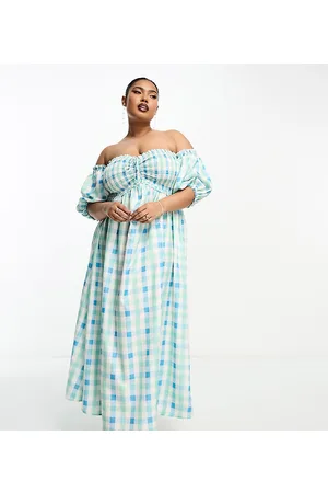 The Frolic Vestito lungo blu arricciato a quadri con spalle scoperte