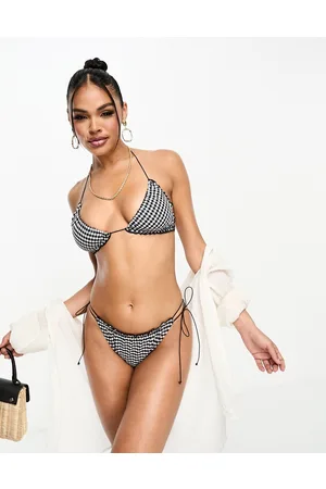 ASOS Slip bikini mix and match in seersucker monocromatico a quadretti con volant e allacciatura laterale