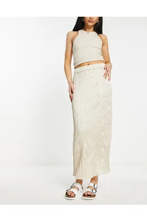 Monki Gonna midi in tessuto stropicciato beige con spacco