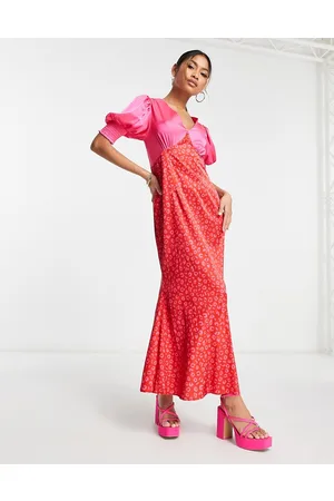 Never Fully Dressed Vestito lungo con maniche a sbuffo a contrasto rosa e