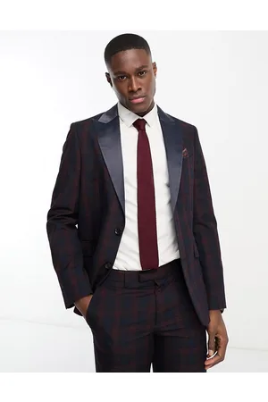 Harry Brown Giacca da abito slim a quadri scozzesi blu navy e rossi