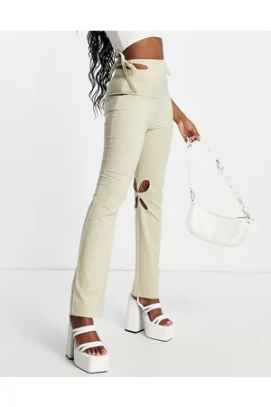 Zemeta Pantaloni a zampa a vita alta color crema con cut-out allacciati in vita