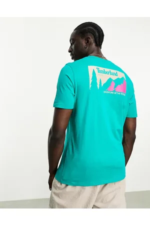 Timberland T-shirt blu acqua con stampa di montagne sul retro