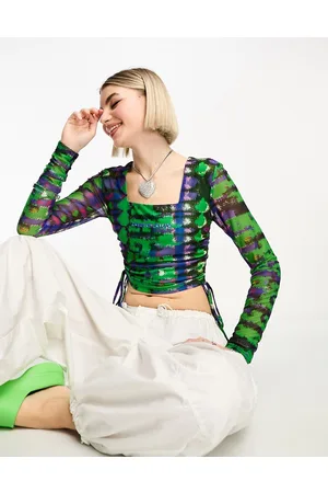 House of Holland Crop top accollato con cut-out e arricciatura sui lati in rete con stampa astratta pitonata e viola