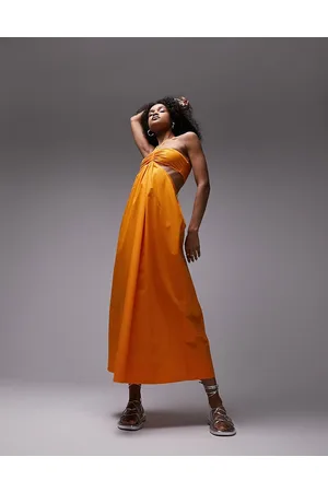 Topshop Vestito midi arancione in popeline allacciato al collo
