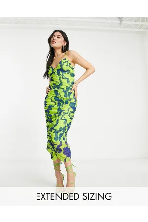 VERO MODA X Joann Van Den Herik - Vestito midi con spalline sottili in rete arricciata blu e lime con stampa