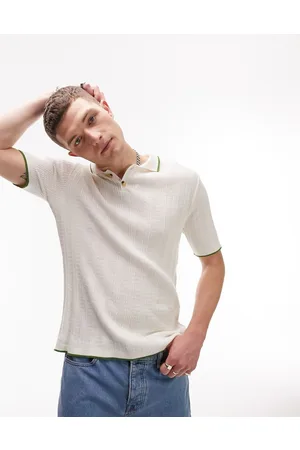 Topman Polo in maglia écru testurizzata a coste con bordi a contrasto