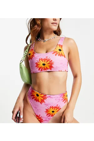 COLLUSION Slip bikini a vita alta a fiori con stampa double-face