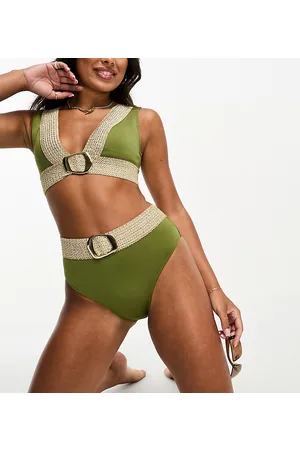 River Island Slip bikini kaki a vita alta con dettaglio elasticizzato con fibbia