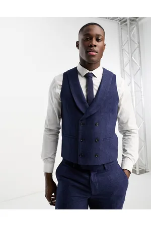 Harry Brown Gilet doppiopetto da cerimonia in misto lana slim fit blu navy con rever sciallato