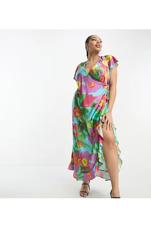 ASOS ASOS DESIGN Curve - Vestito avvolgente lungo in raso con stampa a fiori grandi vivaci e volant