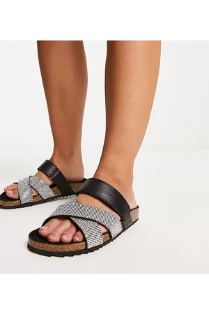 ASOS Wide Fit - Fiery - Sandali bassi neri con fascette incrociate e strass