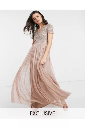 Maya Vestito da damigella lungo a maniche corte in tulle color cipria tenue con raffinate paillettes tono su tono